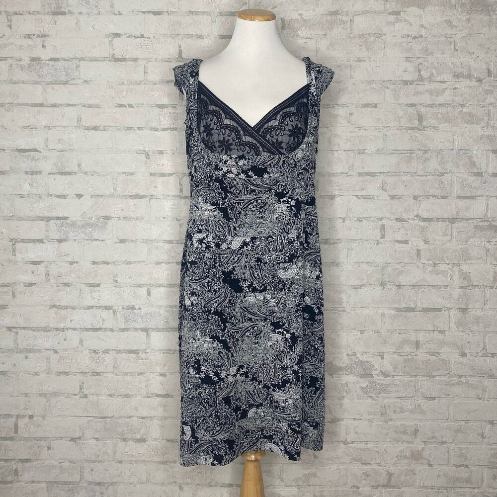 Adrianna Papell | Black Gray Paisley Lace Sleeveless Pleated Dress